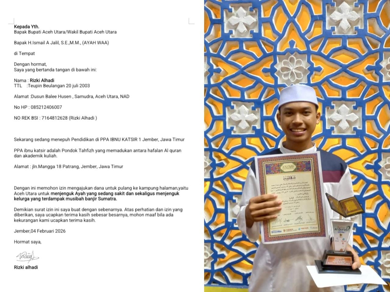 Foto: Rizki Alhadi dan Surat Yang Ditujukan Kepada Bupati Aceh Utara